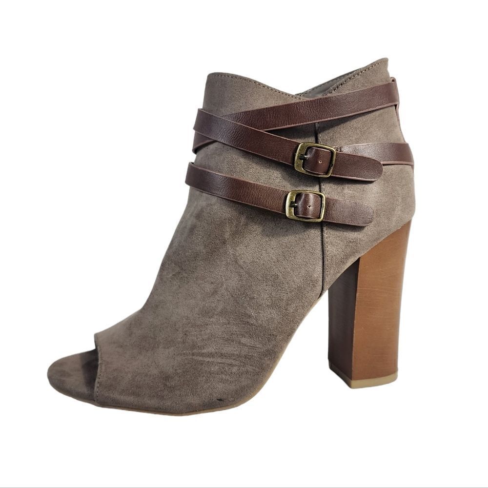 Bamboo Taupe Suede Ankle Open Toe 4" Heels Boot Booties